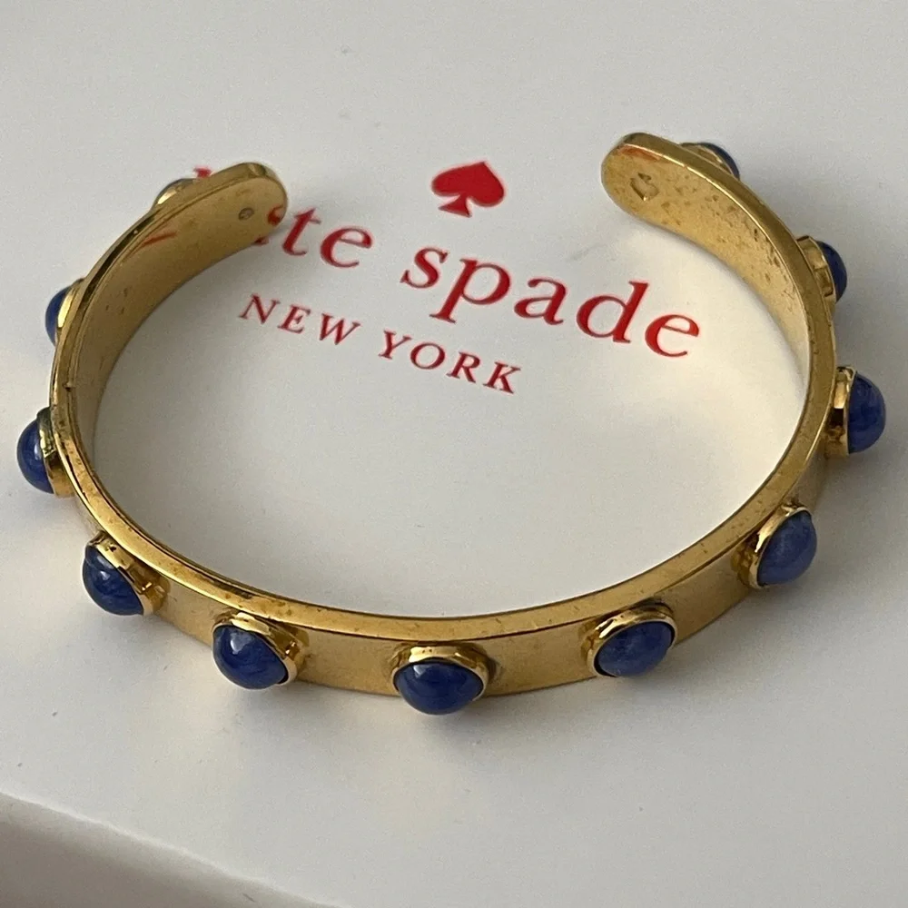 Kate Spade New York Signed Gold with Blue Marble Cabochon Studded Cuff Bracelet